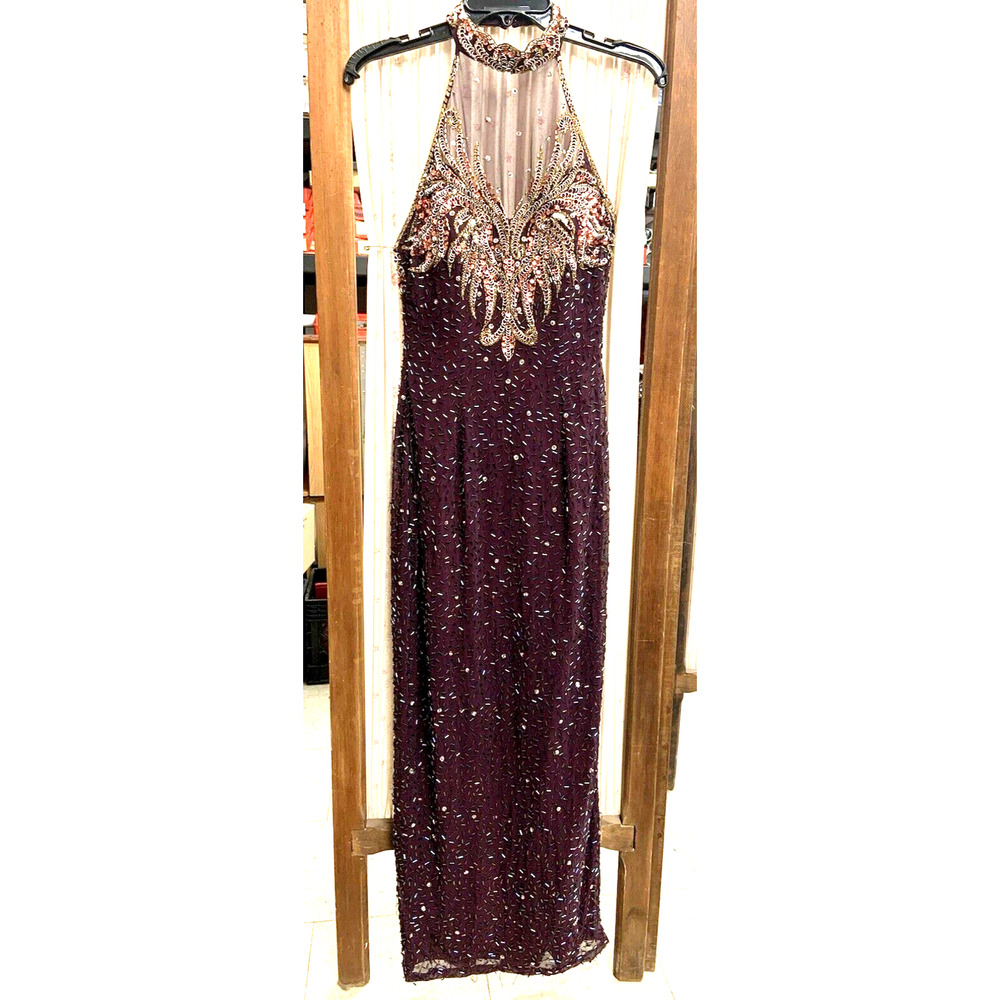 Magnificent Alyce Design Halter Beaded Dress Burgundy hei8075